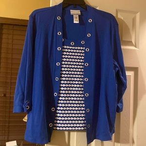 Royal blue with white shirt. Petite large.